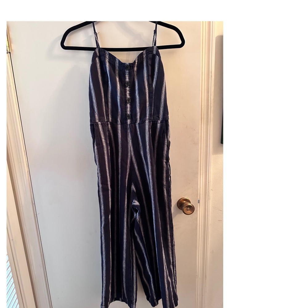 Abercrombie & Fitch Navy White Striped Wide Leg Jumpsuit linen cotton blend Med